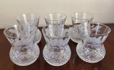 Set of 6 signed Edinburgh Crystal Thistle pattern whisky glasses 