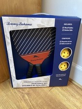 Tommy Bahama Pickleball Set Blue/Red 2 Wood Paddles, 4 Outdoor Balls BRAND NEW