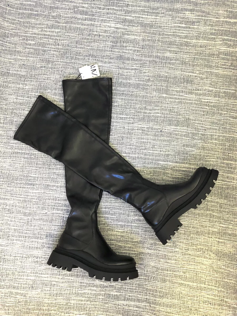 Zara Black Vegan Faux Leather Track Sole Over The Knee Boots UK3 EU36 US6 #  910*