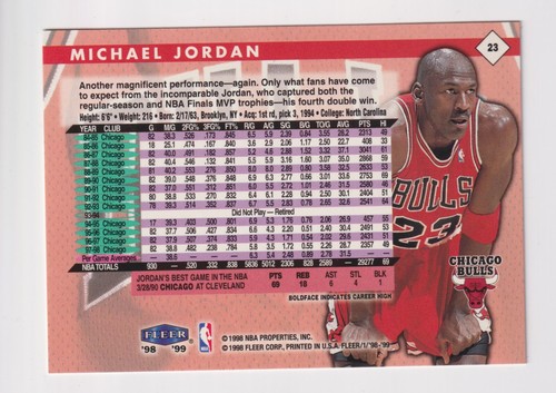 1998-99 Fleer Tradition #23 MICHAEL JORDAN Chicago Bulls HOF - Picture 2 of 2