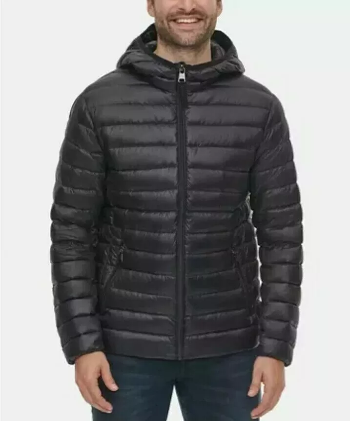 NWT Calvin Klein Men's Packable Hooded Black Puffer Jacket Size S