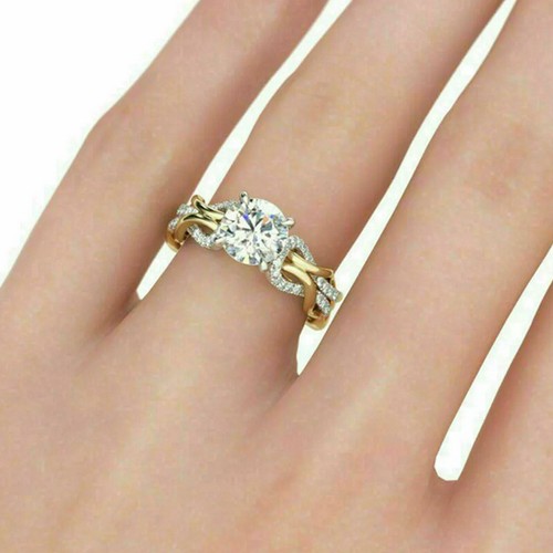 Anello di Fidanzamento Vintage 2,50Ct Diamante Taglio Tondo Finitura Oro Giallo 14K Misura P - Foto 3 di 7