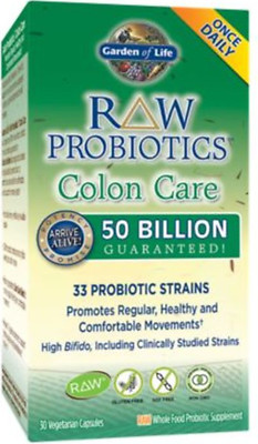 Raw Probiotics Colon Care - 50 Billion CFU - Once Daily (30 Vegetarian Capsules)