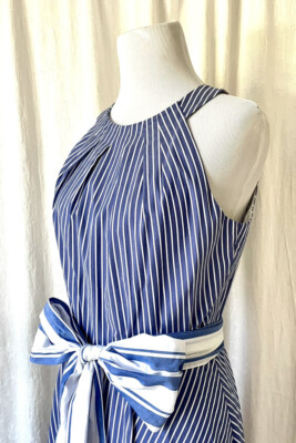 blue and white striped dress nordstrom 1901 Stripe Fit & Flare Sash Belt sz 6 Winter Wedding Guest Dresses: attribute:pattern:checkered-/-gingham Maxi dresses Striped fabric Size:US size 10