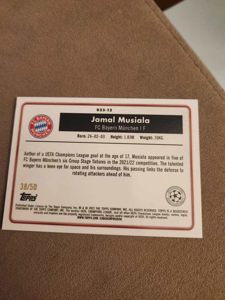 2021-22 TOPPS MERLIN UEFA U23 STARS U23-13 JAMAL MUSIALA  GOLD 38/50 - Image 2 of 4