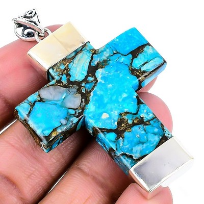 Natürlicher Kupfer Blau Türkis 925 Silber Jubiläum Handwerker Schwester Boho Anhänger
