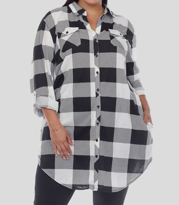 White Mark Women's Black Plaid Collared Tunic Button-Up Shirt Top Plus Size 3XL