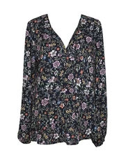 LOFT S Top Black Floral Print V Neck Button Front Purple Wildflower Blouse EUC
