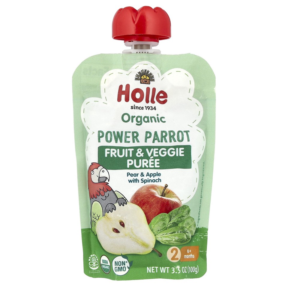 Organic Fruit & Veggie Puree, Power Parrot, 6+ Months, Pear & Apple With