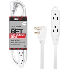 8 Ft Extension Cord with 3 Electrical Power Outlet - 16/3 Durable White Cable