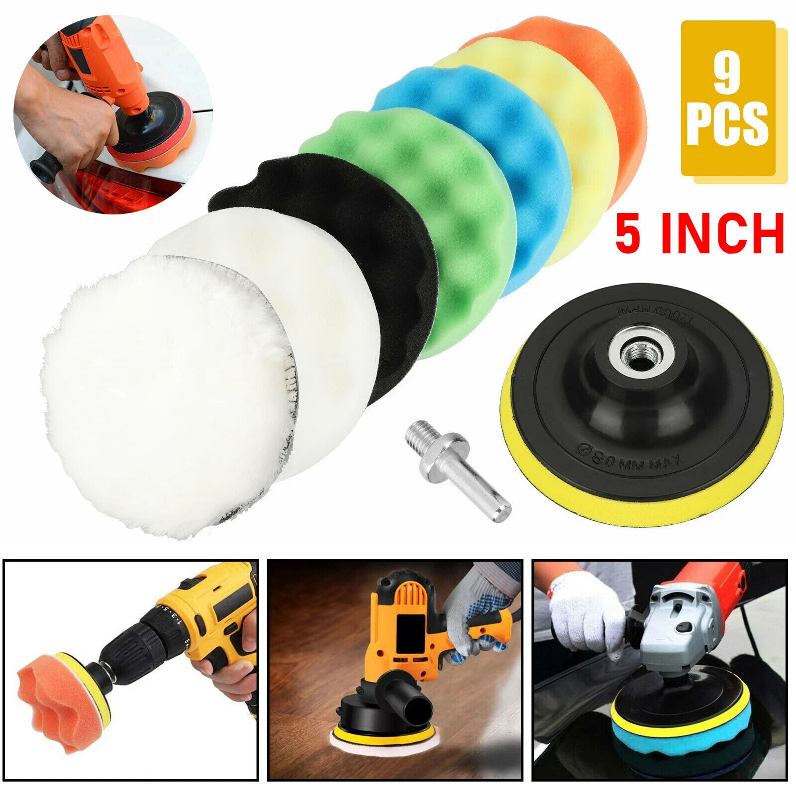 9Pcs 5 Inch Polishing Pads Sponge Waxing Foam Buffing Kit Ca