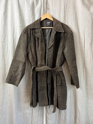 Helium Plus Coat Womens 1X Brown Suede Trench Belted Pockets Lined Mid Length
