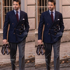 Navy Blue Men's Suit Double Breasted Business Formal 2Pcs Tuxedo Jacket Office