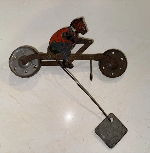 Antique 1907 Gilbert Teddy Roosevelt Bear String Wire Rider Toy Tin Litho NICE