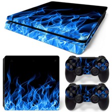PS4 Slim Skin Console  2 Controllers Blue Flame Vinyl Wrap Decal