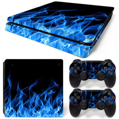 PS4 Slim Skin Console & 2 Controllers Blue Flame Vinyl Wrap Decal