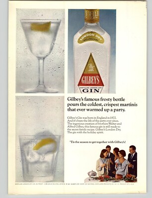 1966 Gilbey's London Dry Gin Frosty Bottle & Glasses Photo Vintage