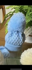 babies Blue knitted bobble hat  mitten set age 0-3 months