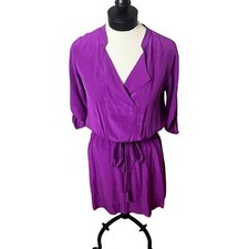 Eliza J Purple Silk Roll Tab Sleeves Tie Waist Lapel Mini Dress Size 6