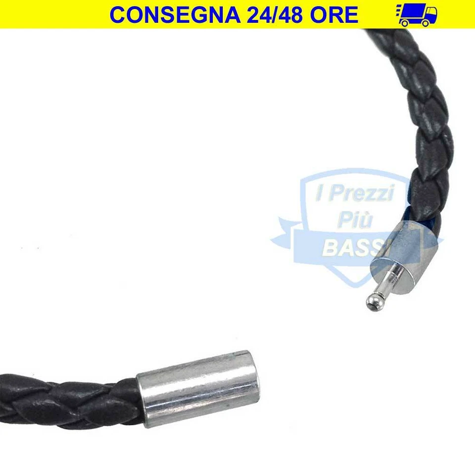 Bracciale Uomo Cuoio Pelle Intrecciato Acciaio Corda Nero Unisex Perno Incastro - Immagine 2 di 3
