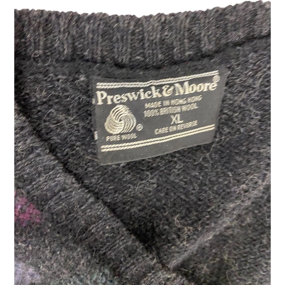 复古 Preswick & Moore 毛衣背心灰色男式 XL 纯羊毛 V 领方格 — 第 3/4 张图片