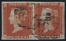 1841 1d Placa Roja 53 MJ-MK 4m Fino Usado Par Cat. £85.00