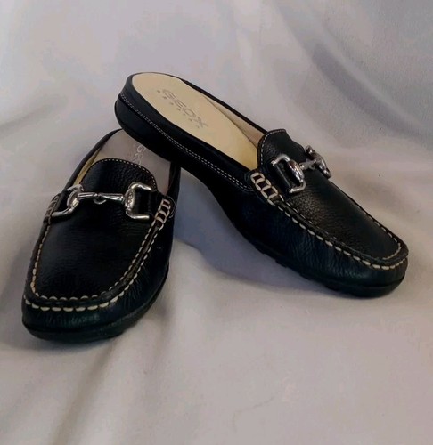 Geox Women's Respira Black Leather Slip-on Mules Flat Open-back Loafers Size 37 - Picture 15 of 15