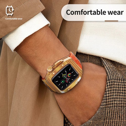 Stainless Steel AP Mod Kit Bezel Case fr Apple Watch 9 8 6 44/45mm Silicone Band - Picture 15 of 28