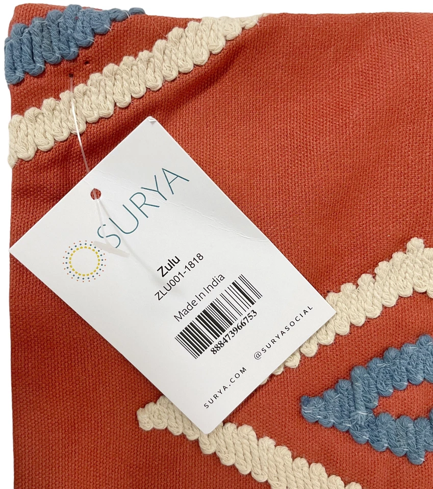 NEW Surya Zulu ZLU-001 18X18” Square Cotton Pillow Cover Rust Orange/Beige/Blue - Image 2 of 4