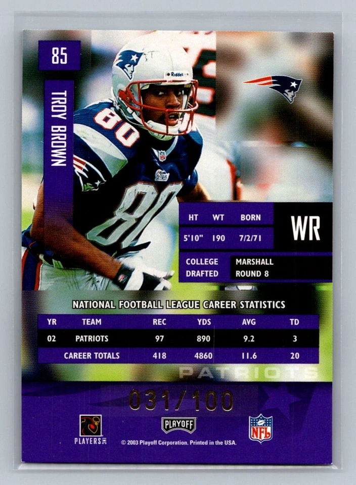 2003 Prestige Xtra Points Purple #85 Troy Brown /100 New England Patriots - Image 2 of 2