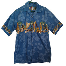 Hilo Hattie Shirt Mens Large Hawaiian Original Vintage Blue Floral Beach Print