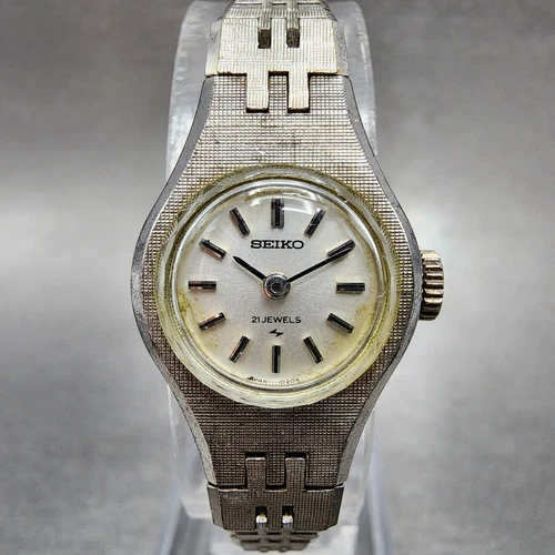 Seiko Watch Women 18mm Silver Dial White Gold Tone Round Manual Wind Runs VTG