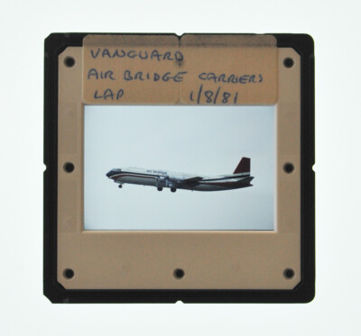 35MM SLIDE AIRCRAFT 1981 VICKERS VANGUARD AIR BRIDGE CARRIERS AT HEATHROW A88