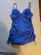 Love Your Assets Sara Blakely L Spanx One Piece Ruched Swimsuit Blue Skirted T33