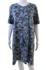 Tory Burch Womens Kaftan Dress Blue Floral Pima Cotton Short Sleeve Size L