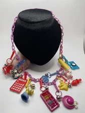1980’s Vintage 12 Plastic Clip On Bell Charms Chain Necklace Abacus Calculator +