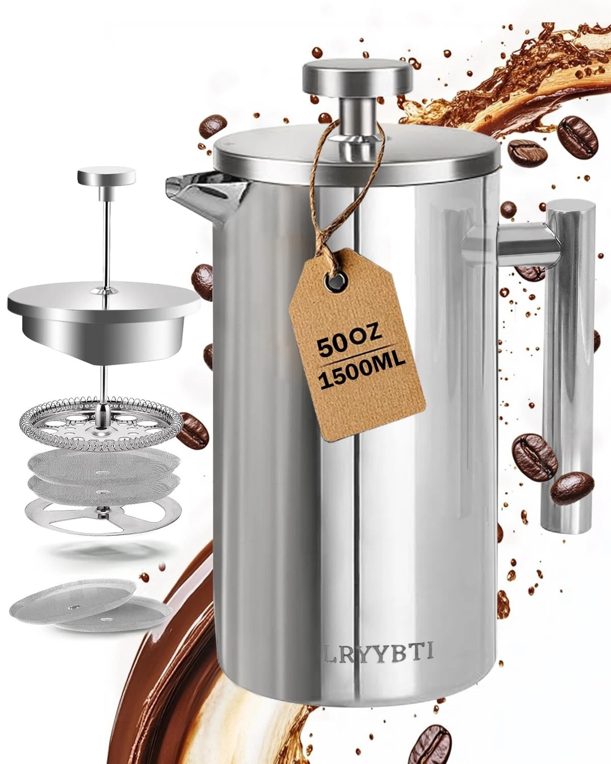 French Press Coffee Maker,304 Stainless Steel Coffee Press with scale lines a...