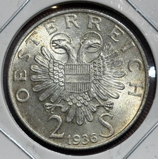 1936 Austria 2 Schillings Prince Eugen of Savoy 0.640 Silver Coin