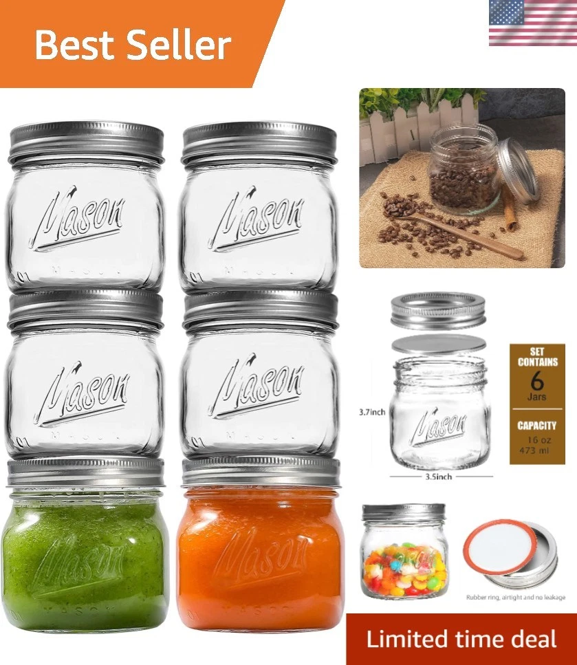 6PCS Wide Mouth Mason Jars 16oz with Airtight Lids and Bands, Canning Jars wi...