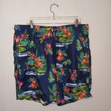 Lands End Men  s Sz XL 40-42 Blue White Tropical Floral w/ Drawstring Swim Shorts