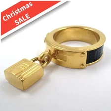 HERMES Kelly charm scarf ring gold black Leather Metal