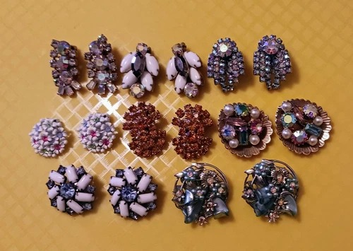 Vintage Rhinestone Beaded Costume Jewelry Clip Earrings Lot of 8 Pair