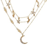 1Pc Mehrschichtige Mond- Und Stern-Eingelegte Diamant-Halskette