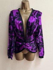  vintage silk blouse purple black plunge v neck jacket s