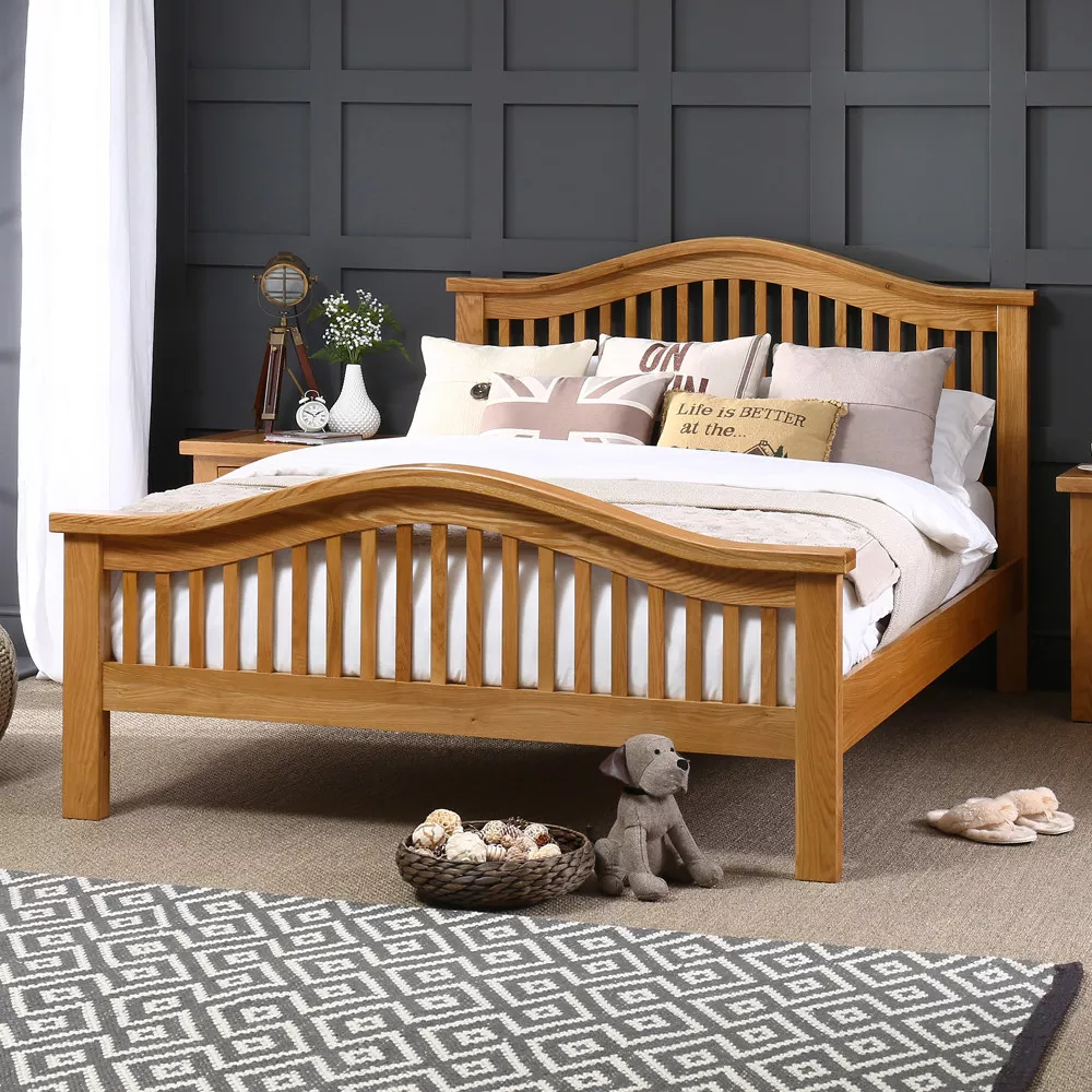 Solid Oak Slatted 5ft King Size Bed with High Foot Board