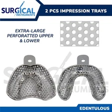 2 Metal Dental Impression Trays set X-Large Perforated Upper & Lower Edentulous