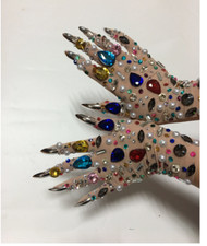 Festival Colourful Rhinestone Nude Mesh Gloves Drag Fake Nails Bling Disco Party