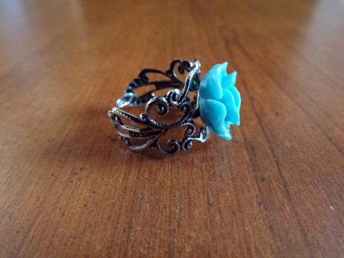 bague filigrane argentée réglable adulte rose bleue diamètre 14 mm - Picture 5 of 6