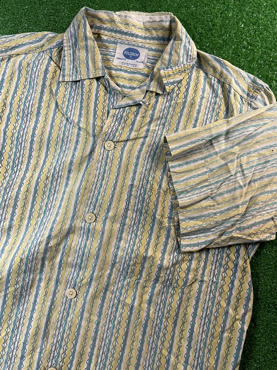 Vintage 50s Pilgrim Sanforized Loop Collar Cotton Reverse Print Medium Shirt USA