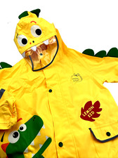 Boys Rain Coat Full Body Size XL 105cm Dinosaur Hooded Zipper Snap Button Yellow